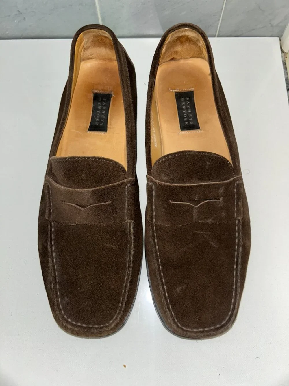 Barneys New York Men's 10.5 Brown Sued Penny Loafers style 2241